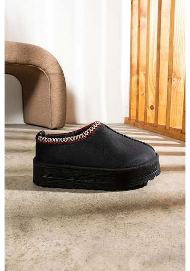 Günlük Kadın Bot Desenli Yüksek Kalın Taban İçi Kürklü Süet Kısa Bootie Hafif U50 Siyah