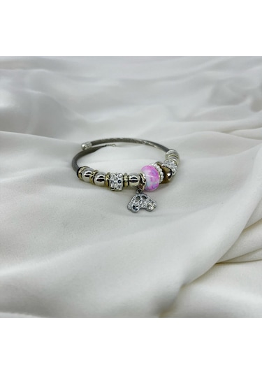 Kadın Çelik Bileklik Pembe Kalp Figürlü Charmlı Pembe