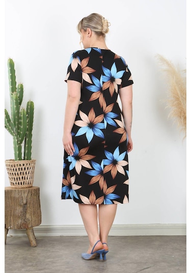 Kadın Mavi Kahve Çiçek Desen Midi Elbise Mavi Kahve Mavi - Kahverengi