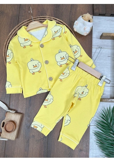 Kruvaze Yaka %100 Pamuk Önden Düğmeli Mevsimlik Ünisex Bebek Ve Çocuk Pijama Takımı 4bb2 Sarı