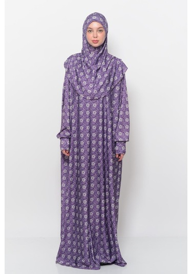 Pratik Tek Parça Güneş Desenli Kollu Tak Çıkar Başörtülü Likralı Tesettür Namaz Elbisesi 990-0302 Mor Antrasit