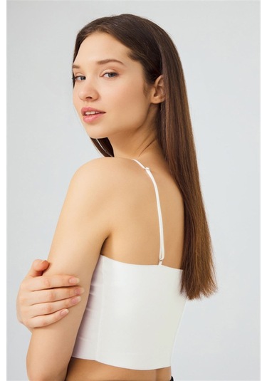 Krem Ayarlanabilir İnce Askılı Lazer Kesim Kadın Crop Büstiyer