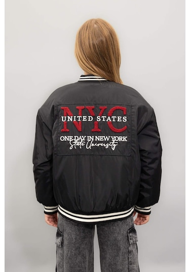 DeFacto Kız Çocuk Su İtici Kolej Yaka Çıtçıtlı Cepli Bomber Mont C5408A824AUBK27 Siyah