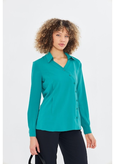 Asimetrik Pile Detay Gömlek Yeşil Yeşil