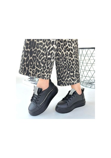 Leope Siyah Cilt Bağcıklı Spor Ayakkabı Siyah