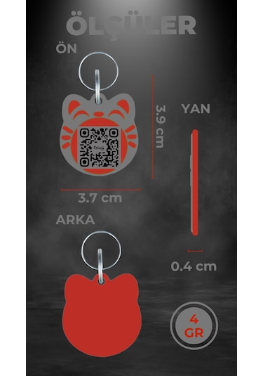 Petjoo 4.Maneki Neko Kırmızı-Gri Qr'lı Kedi Künyesi