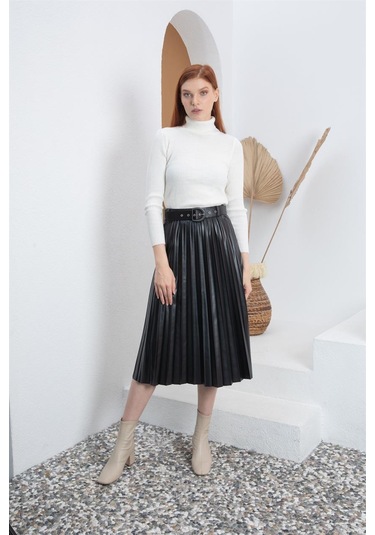 Kemerli Siyah Pliseli Deri Etek - Siyah