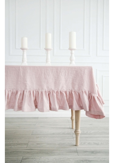 Buldan Keten Fırfırlı Vintage Pastel Pembe Masa Örtüsü
