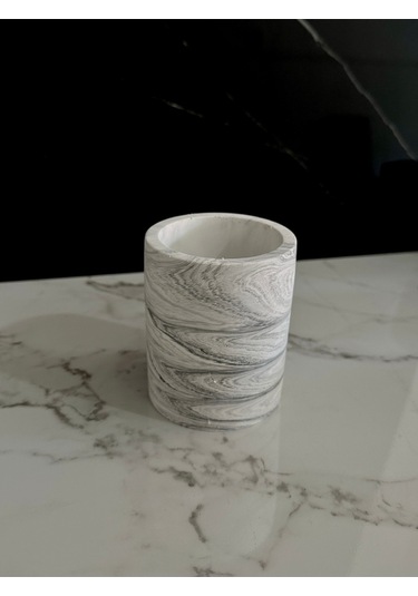 Beton Kalemlik Ofis Masaüstü Dekoratif Kalem Kutusu El Yapımı Silindir Minik Beton Obje Diş Fırçalık Beyaz-siyah