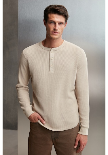 Patrick Erkekm Triko Yakalı Waffle Özel Dokulu Kalın Kumaşlı Uzun Kol Bej T-shirt