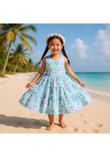 Çiçekli Kız Çocuk Elbise St09119 Turkuaz