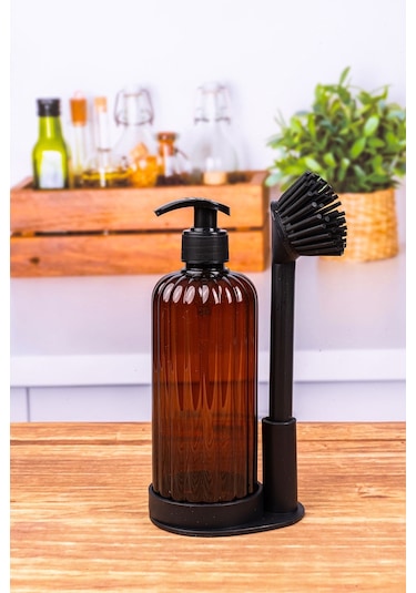 Toptanfoni Yumuşak Silikon Fırçalı Tezgah Üstü Mutfak Banyo Sıvı Sabunluk Takımı-bulaşık Yıkama Temizlik Seti Kahverengi