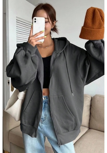 Modagen Unisex Oversize Fermuarlı Sweat Hırka Füme