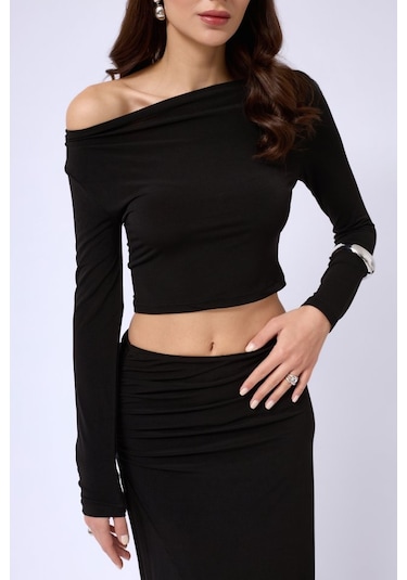 Ahes Shopping Kayık Yaka Uzun Kol Bluz Siyah