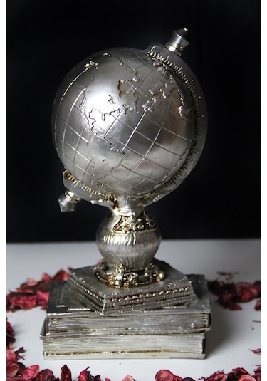 Doremcy Dekoratif Gümüş Kitaplı Dünya Küre Ev Ve Ofis Hediyelik Polyester Döküm Biblo Gümüş