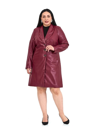 Büyük Beden Cepli Düğme Kapamalı Astarlı Suni Deri Bordo Kaban Bordo