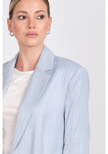 Ayhan Kadın Çizgili Düğmeli Keten Ceket 0860 Mavi Mavi