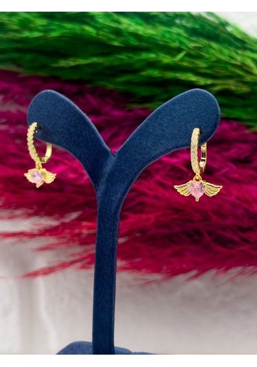 925 Ayar Gümüş Gold Renk Kalpli Pembe Kuvars Taşlı Melek Kanadı Modeli Lüks Kadın Küpe Gümüş