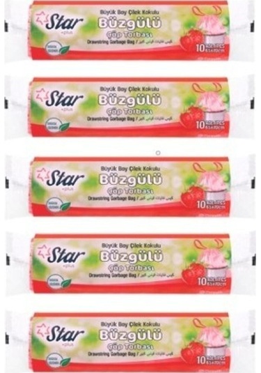 Büzgülü Çöp Torbası / Poşeti - Büyük Boy 65x70 - Çilek Kokulu - 5 Rulo 50' Li