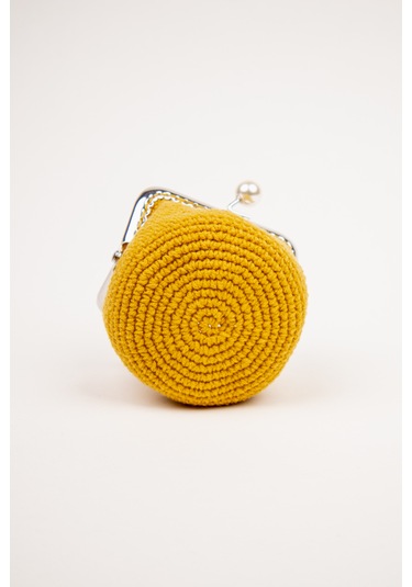 Fabric Craft Bag Bozuk Para Cüzdanı Merserize İplik Klipsli Örgü Hardal Sarısı
