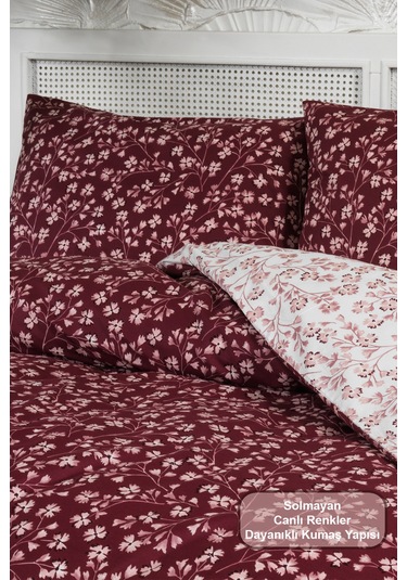 Elart Jasmin Nevresim Takımı Çift Kişilik %100 Pamuk Ranforce Lastikli Çarşaf 200x220 Cm Bordo Bordo
