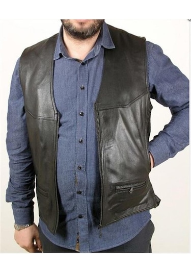 Hakiki Deri Önden Fermuarlı Erkek Deri Yelek Siyah