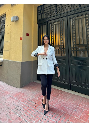 Beyaz Polyester Keten Düğmeli Ceket Beyaz