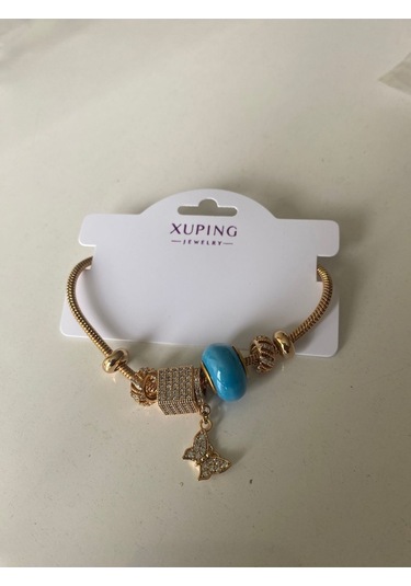 Uzel Xuping Gold Altın Renk Küp Taşlı, Mavi Boncuklu, Taşlı Kelebek Charmlı Çelik Bileklik Mavi