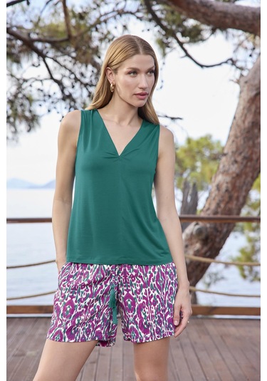 Monamise Kadın Desenli V Yaka Askılı Alt Üst Takım 25020 Yeşil