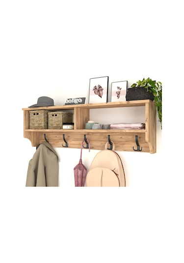 Bofigo Portmanto Duvar Askılığı Elbise Askılığı Raflı Duvar Askıl Çam