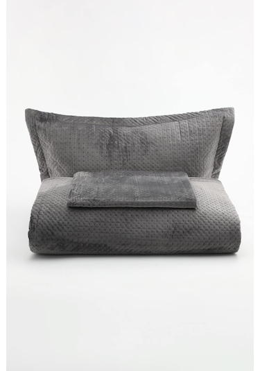 Lidia Kadife Çift Kişilik Yatak Örtüsü Takımı - Antrasit