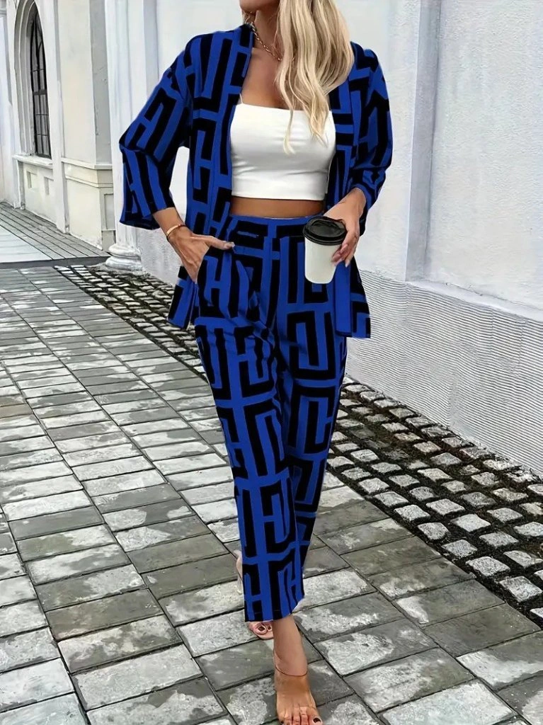 Tua Moda Kadın Uzun Kollu Önü Açık Desenli Iki Iplik Ceket Ve Pantolon Ikili Takım Saks Mavi