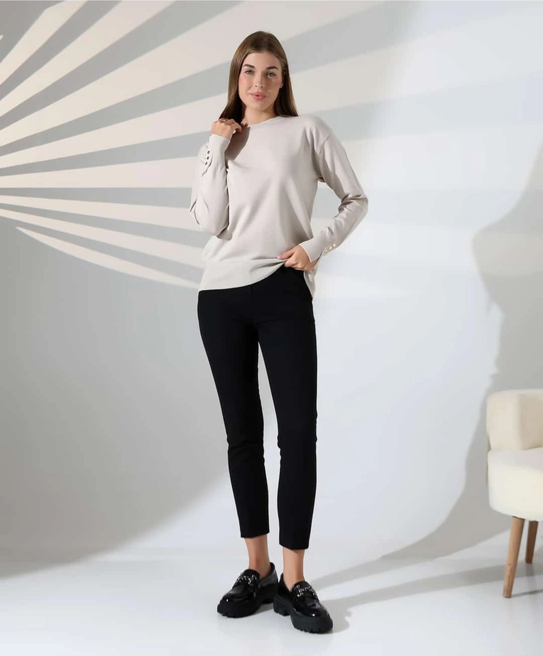 Gündelik Şıklık Kol Düğme Detay Triko Kazak Bej