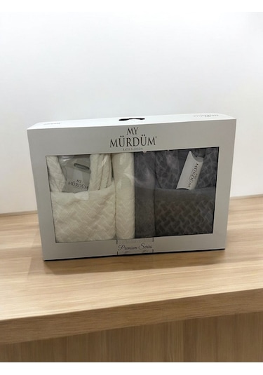 Banyo Çeyiz Seti, %100 Pamuk Bornoz Takımı, 8 Parça Aile Bornoz Seti, Havlu & Havlu Seti Gri-krem Gri