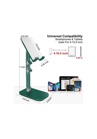 Youmex Yeşil Çift Fonksiyonlu Masaüstü Tutucu - Telefon Ve Tablet 4-10.5 İnç İçin Yüksek Ve Açı Ayarlanabilir, Çabuk Katlanabilir, Şarj Delikli Ve Kaymazsız Tasarım Siyah