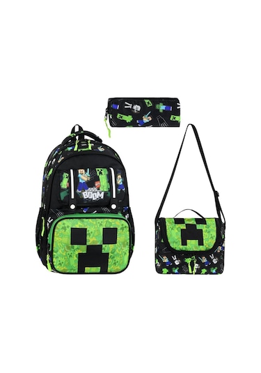 Minecraft Beslenme Çantalı Kalemlikli Okul Çantası Siyah Siyah Siyah