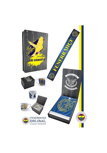 Fenerbahçe Lisanslı Bir Şarkısın Sen Fenerbahçe Şal Atkı Seramik Kupa Set Kanarya Baskılı Ahşap Kutulu Sarı - Lacivert