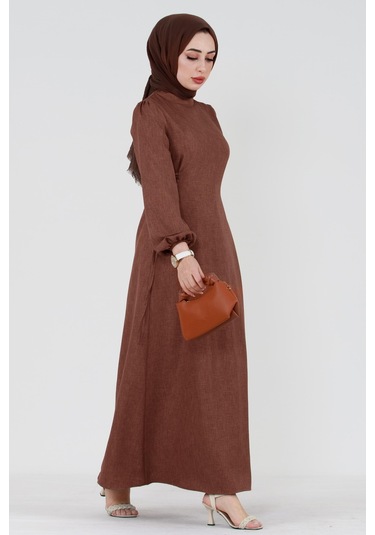 Yanı Bağcıklı Keten Elbise-kahverengi-3365-açık Mavi Açık Mavi