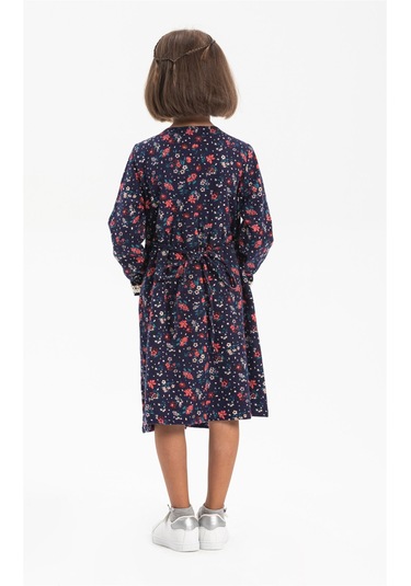 Uzun Kol Asya Yakalı Çocuk Pazen Elbise Çiçek Desen Lacivert Lcvt Lacivert