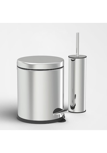 3 Litre Çöp Kovası Ve Tuvalet Fırçası Krom İkili Set