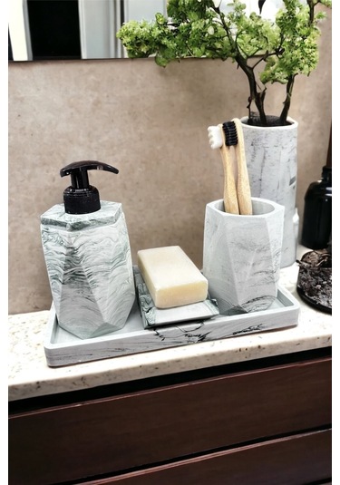 Betonmall 4 Parça Mermer Desenli Beton Banyo Seti Katı Sıvı Sabunluk Diş Fırçalık Tepsi - Yeşil Yeşil