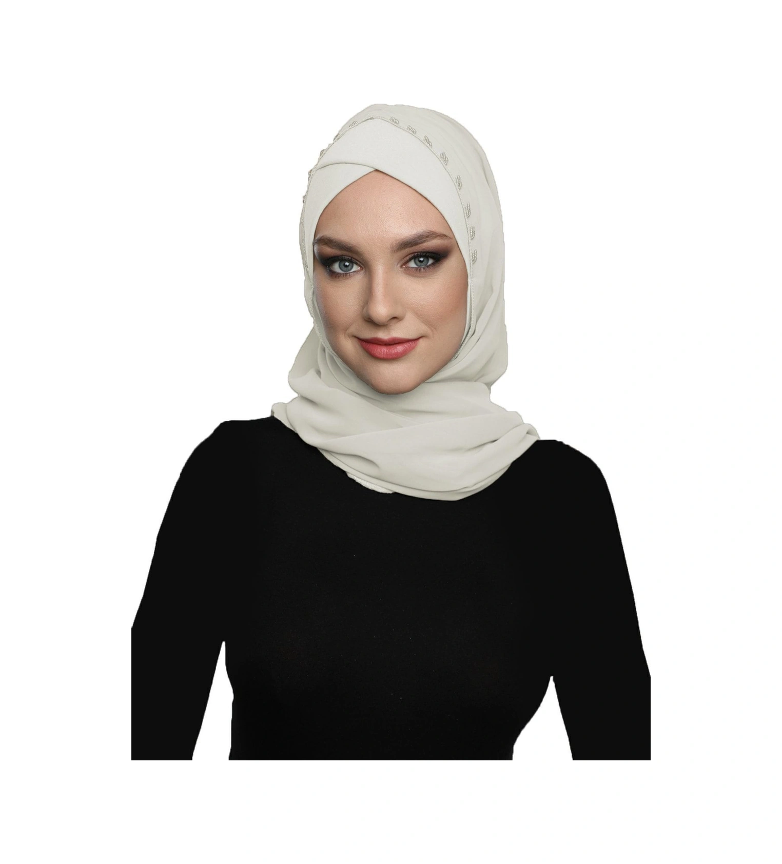 Şallı Takmatik Taşlı Krem Hazır Türban Tesettür Bone Namaz Örtüsü Krem