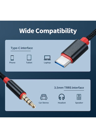 Samdoo Type-c'den 3.5mm Trrs'ye Aux Kablosu, 95cm Altın, Araç Ve Ev Ses Sistemlerine Bağlanma, Hi-fi Ses, Plug & Play