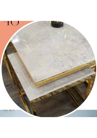 Mim Rambla - Gold Kare 4+1 Pizza Orta Sehpa Gold - Beyaz Mermer