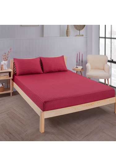 Pamuklu Çizgili Saten Tek Kişilik Lastikli Çarşaf Seti 100x200cm Bordo