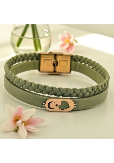 Archin Ay Yıldız Temalı 14 Ayar Altın Plakalı Zeytin Yeşili Derili Kalp Motifli Hediye Bileklik-556sembol Ay Yıldız