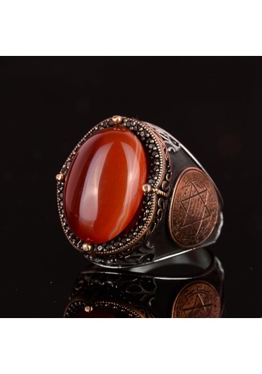 El Yapımı Sterlin Gümüş Yüzük İle Doğal Karnelyan Taşı Ve Süleyman Yıldızı Sembolü Gümüş