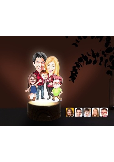 Kişiye Özel Aile Karikatürlü Dekoratif 3D Biblo Led Işıklı Gece L (483006989)