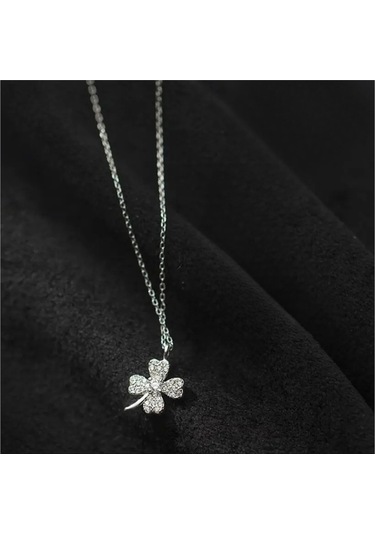 925ayar Gümüş Zirkon Taşlarla Süslü Dört Yapraklı Yonca Şans Kolye