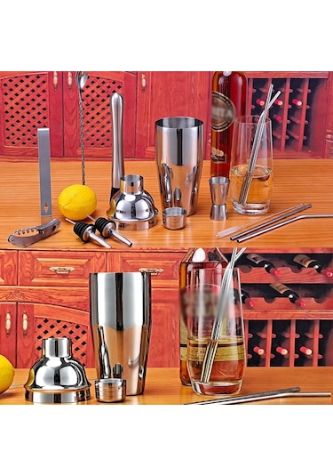 Vkemall 13 Parça 304 Paslanmaz Çelik Kokteyl Shaker Seti - İçki Yapım Kit Hediyelik